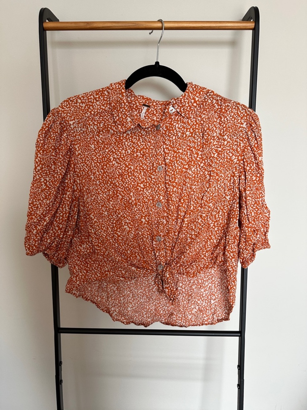 Free People Orange Printed Tie-Front Button Down Blouse